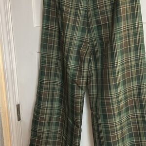 Green Plaid Wide-Leg Pants